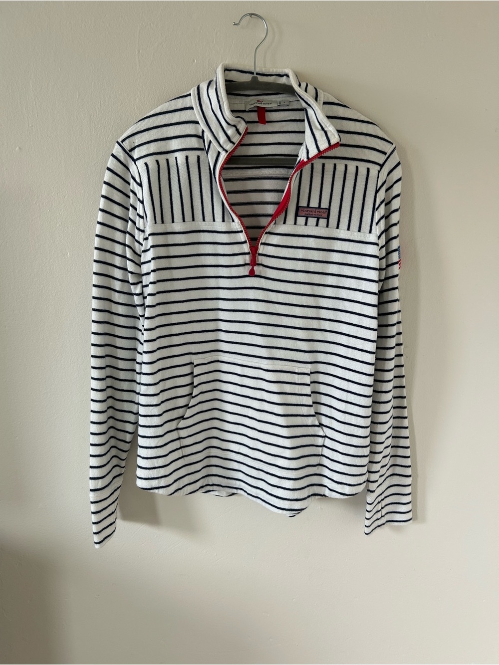 Vineyard Vines White & Navy Striped Quarter-Zip Pullover with Red Trim
